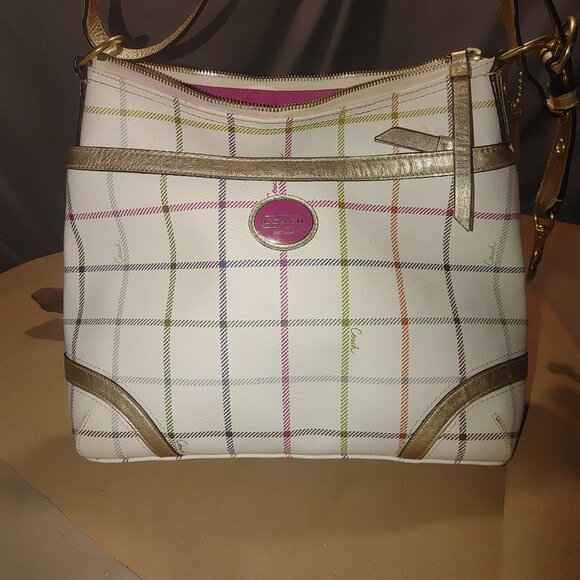 Coach Signature Crossbody Bag White Multicolor Plaid With Gold Accents & Pink In - Picture 2 of 15